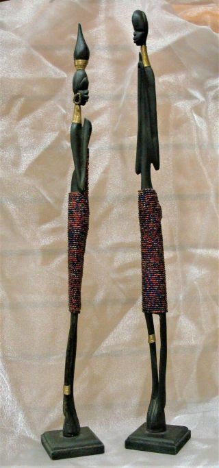 2 Hand Carved Ebony Wood Sculpture African Tribal Art Tall Beaded Statue Figure