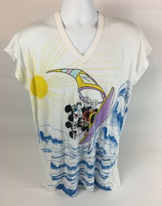 Vtg Sunday Comics Womens Mickey Minnie Sleeveless Shirt Surfing Hawaiian Disney