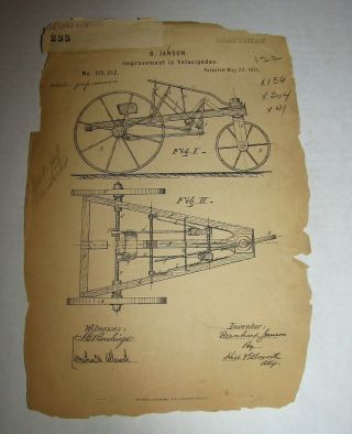 1871 U S Patent Office Document Janson Inventor Velocipede Bicycle Bik