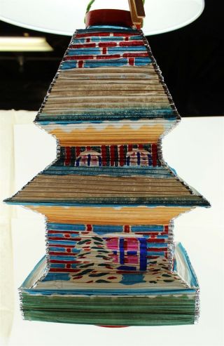 Vintage Japanese Paper Lantern,  Nib,  Square Temple Or House,  Multicolor