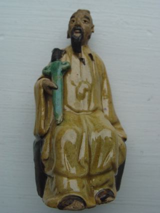 Antique Chinese Glazed Clay Mudman With Saber Shiwan Figurine