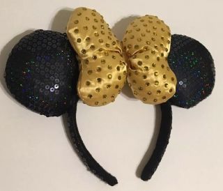 Disney Parks Minnie Mouse Sequined Ear Headband Golden Bow And Sparkles