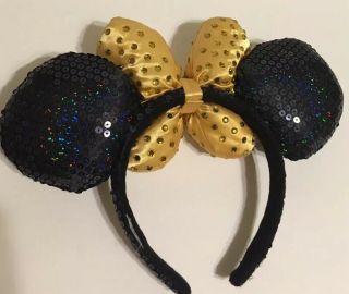Disney Parks Minnie Mouse Sequined Ear Headband Golden Bow And Sparkles 5