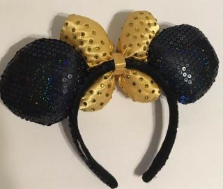 Disney Parks Minnie Mouse Sequined Ear Headband Golden Bow And Sparkles 7