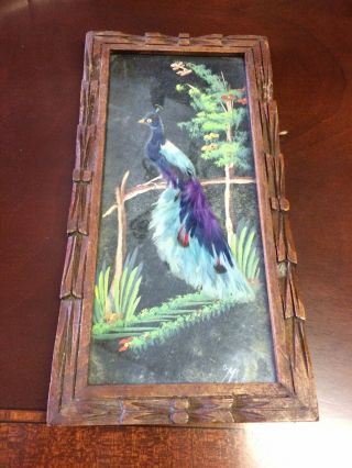Vintage Mexican Feathercraft Bird Picture Hand Carved Wood Frame,  Cartimex 6”x12