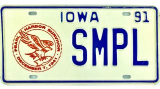 1991 Iowa Pearl Harbor Survivor Sample License Plate (d)