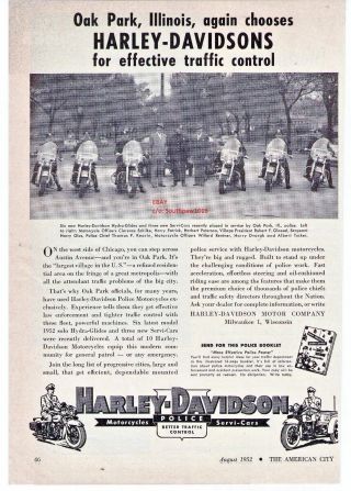 1952 Vintage Harley Davidson Police Motorcycles " Oak Park,  Illinois " Print Ad