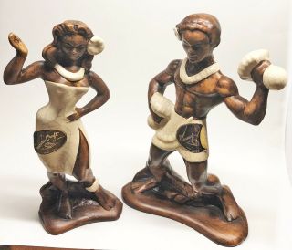 Vintage Mid Century 7.  5” Hawaiian Tiki Hula Dancers Figurines By Treasure Craft