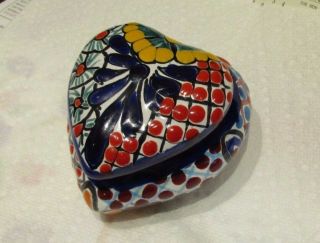 Talavera Style Mexican Heart - Shape Trinket Box W/lid - Very Textured &
