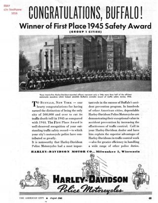 1946 Vintage Harley Davidson Police Motorcycles " Buffalo,  Ny " Print Advert