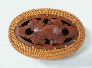 Vintage Carved Wood Frog Coiled Rattan Basket Box Hand Crafted Lombok Indonesia