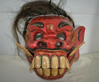 Balinese Art Demon Mask Antique Hand Carved Wooden Bali Barong Raksasa Rangda