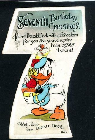 Vintage Walt Disney Donald Duck Age Seven Uk Greeting Postcard 1930 