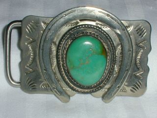 Vintage Silver Turquoise Hand Tooled Buckle W/ Horse Shoe
