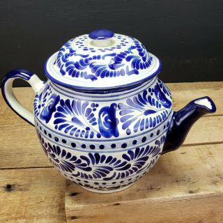 Vintage Talavera Mexican Pottery Hand Painted White Blue Floral Pitcher Tea Pot