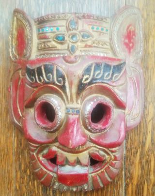 Vintage Thai Carved Polychrome/jewel Decorated Ceremonial Wall Mask