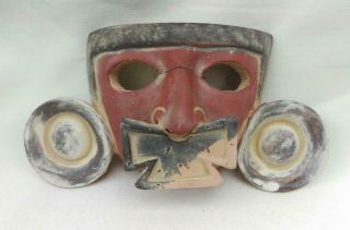 Primitive Mayan Aztec Face Mask Man Terra Cotta Clay Pottery Mexico Signed Inah