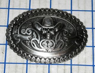 Crumrine Cowboy Till Death Skull in Hat Silver Metal Belt Buckle VG 3