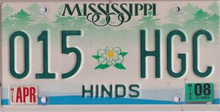 2008 Mississippi 015 Hgc Hinds County License Plate