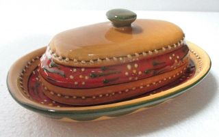 Mexican Talavera Pottery Ceramic Kitchen Covered Butter Dish Green Red