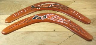 Australian Aboriginal Art Deco Wood Boomerang - Kangaroos - Set Of 2 Wall Art