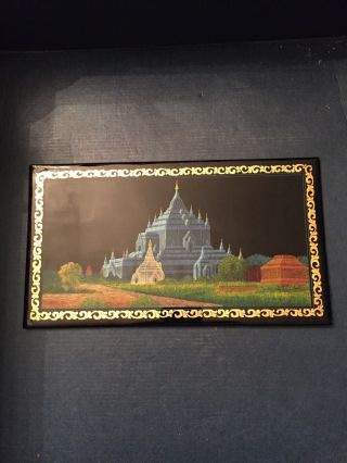 Thailand Detailed Lacquer Hand Done Painting Of Palace - Gold Leaf Border - Thai