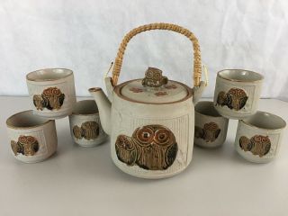 Owl Teapot Rattan Handle With 6 Round Teacups Stoneware Japan