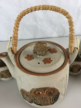 Owl Teapot Rattan Handle with 6 round teacups Stoneware Japan 2