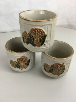 Owl Teapot Rattan Handle with 6 round teacups Stoneware Japan 5