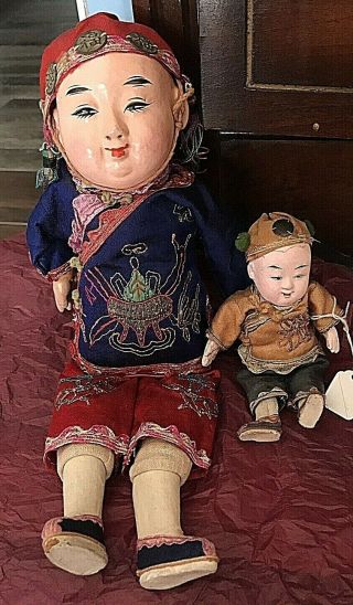Antique Large And Small Chinese Composition Dolls In Embroidered Silk Clothing