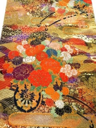 Ge02z140 Japanese Kimono Silk Uchikake Fabric Gold Flower Cart 41.  7 "
