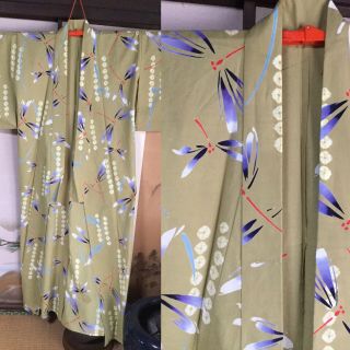 Japanese Handsewn Cotton Yukata Kimono,  Light Maccha Green W/dragonflies - 160cm