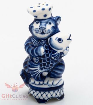 Gzhel Porcelain Figurine Of Cook Cat With Fish Salt Or Pepper Dispenser
