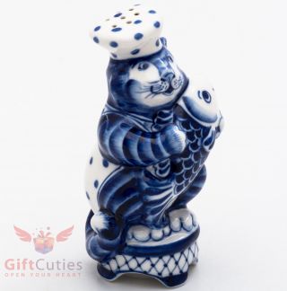 Gzhel Porcelain Figurine of Cook Cat with Fish salt or pepper dispenser 3