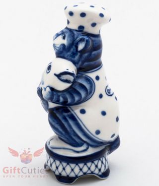 Gzhel Porcelain Figurine of Cook Cat with Fish salt or pepper dispenser 6