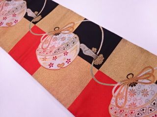 79352 Japanese Kimono / Antique Nagoya Obi / Woven Bell & Checkered