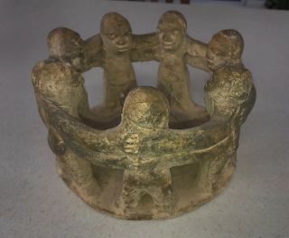“circle Of Friends” (7) Mexican Clay Sculpture Aztec Candle Holder