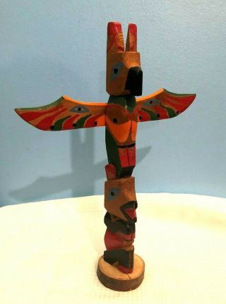 13 " Hand Carved Painted Wooden Aboriginal Totem Pole Vintage Thunderbird