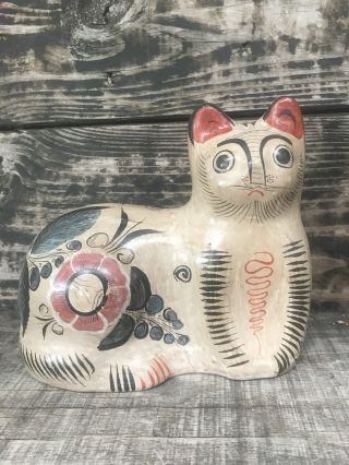 Large Vintage Mexican Redware Tonala Burnished Pottery Cat Folk Art