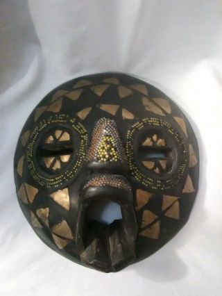 Wooden Hand Carved Round African Mask / Hanging Wall Art Handmade In Ghana Inlay