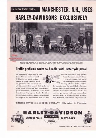1948 Vintage Harley Davidson Police Motorcycles " Manchester,  Nh " Print Ad