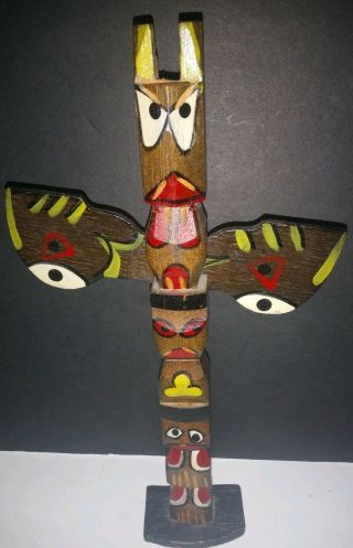 Vintage 10” Handmade Totem Pole Wood Carved Winged Statue Wings