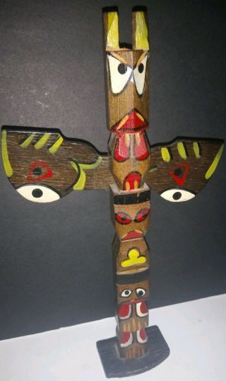 Vintage 10” Handmade Totem Pole Wood Carved Winged Statue Wings 2