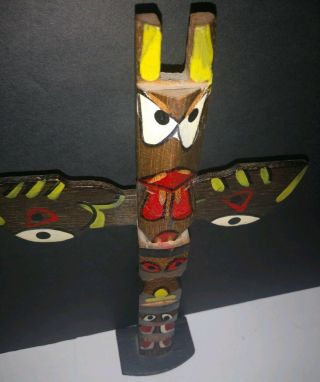 Vintage 10” Handmade Totem Pole Wood Carved Winged Statue Wings 4