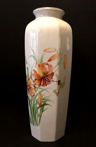 Vintage Porcelain Vase With Flowers And Hummingbird Made In Japan 11 " Tall