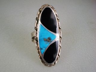 Vintage Nelson Lee Navajo Sterling Silver & Turquoise Jet Inlay Ring Sz 7.  5