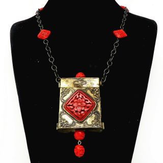 Nyjewel Vintage Antique Lacquerware Box Pendant Necklace With Chinese Long Life