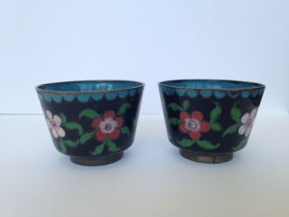 Antique Vintage Chinese Cloisonne Enamel Bowls 2 Tea Cups Set W Flowers 
