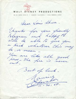 1965 Maurice Chevalier Cute Handwritten & Signed Letter Walt Disney " Aristocats "