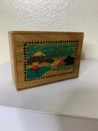 Vintage Japanese Wooden Puzzle Box Painted 4.  5” X 3” X 1.  5” Double Sided Mt Fuji